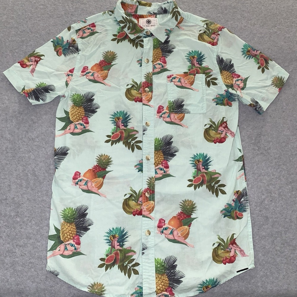 On The Byas Shirt Men's Medium Green Pinup Girls Hawaiian AOP Button Up Tropic - Picture 1 of 16